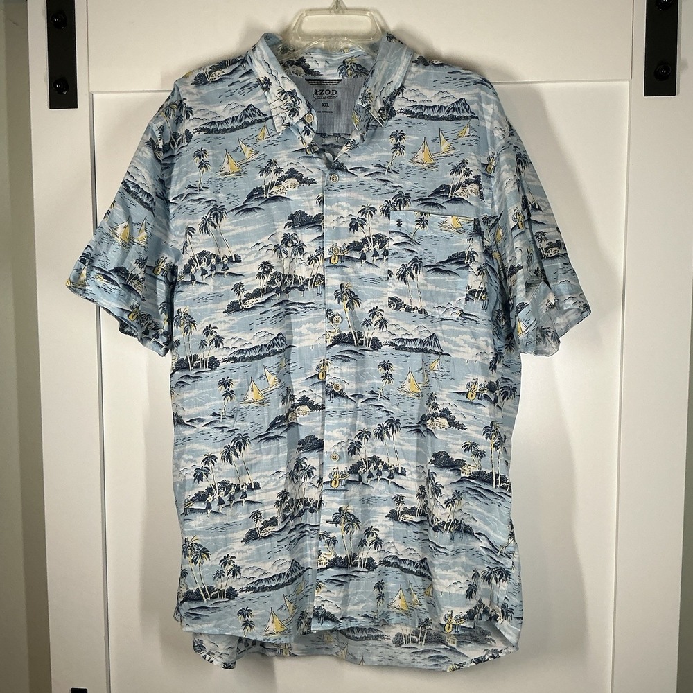 Izod Saltwater Shirt 2XL Short Sleeve Beaches Palm Trees Hula Vacation Resort